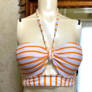 New women’s bathing suit top. Size 34D. White with orange stripes. Double strap.